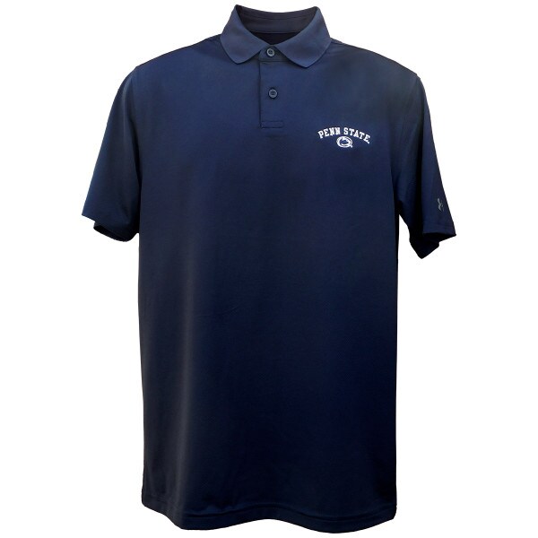 navy Under Armour polo shirt with embroidered Penn State and Athletic Logo on left chest